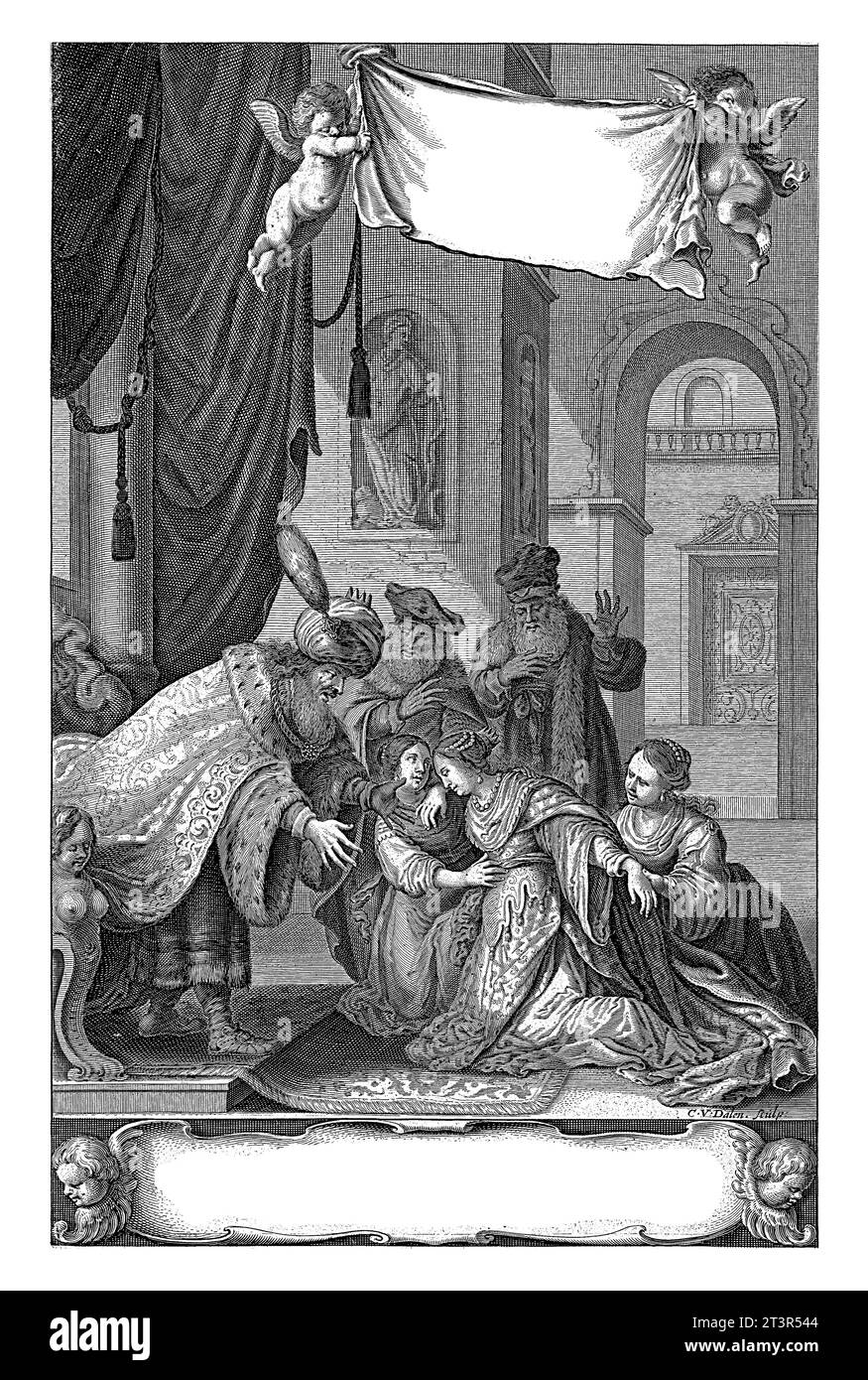 Esther is introduced to King Ahasuerus, Cornelis van Dalen (I), 1647, vintage engraved. Stock Photo