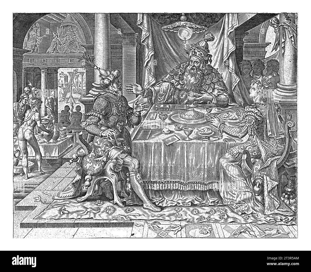 Ahasuerus and Haman are guests of Ester, Philips Galle, after Maarten van Heemskerck, 1564 King Ahasuerus and his official Haman are sitting at the ta Stock Photo