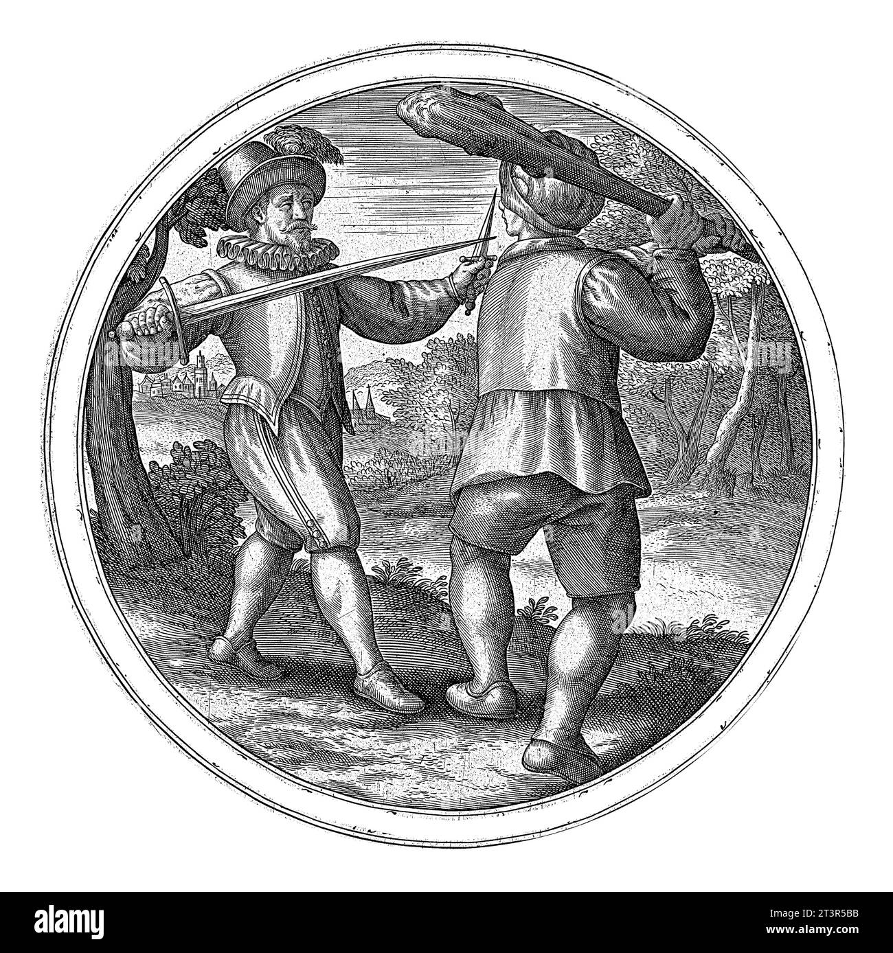 Fighting men, anonymous, 1550 - 1610 A richly dressed man, a fencer, with sword and dagger stands opposite a peasant with club. The farmer tells the f Stock Photo