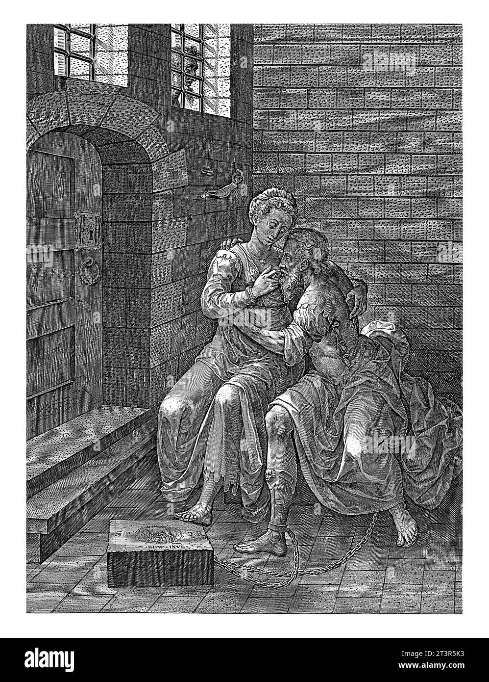 Pero suckles the chained Cimon in prison, Johannes Wierix, 1583 - 1650 Pero breastfeeds her father Cimon in his prison cell (Caritas Romana). Stock Photo