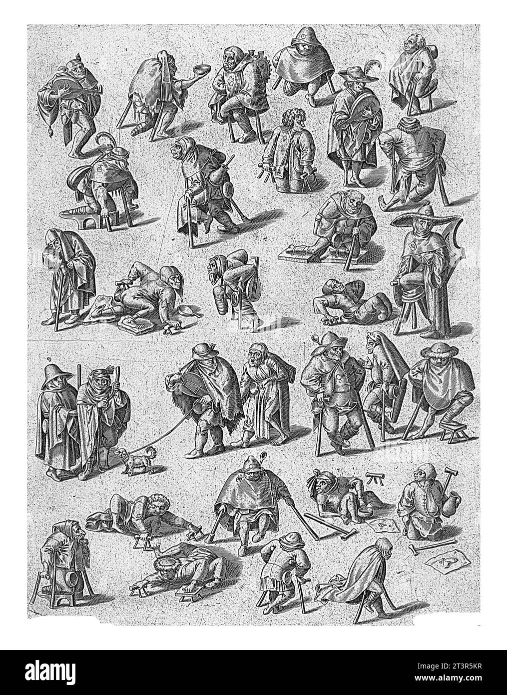 Crippled beggars, jesters and musicians, anonymous, after Jheronimus Bosch, 1570 - 1601 Various crippled beggars, jesters and musicians. Some lean on Stock Photo