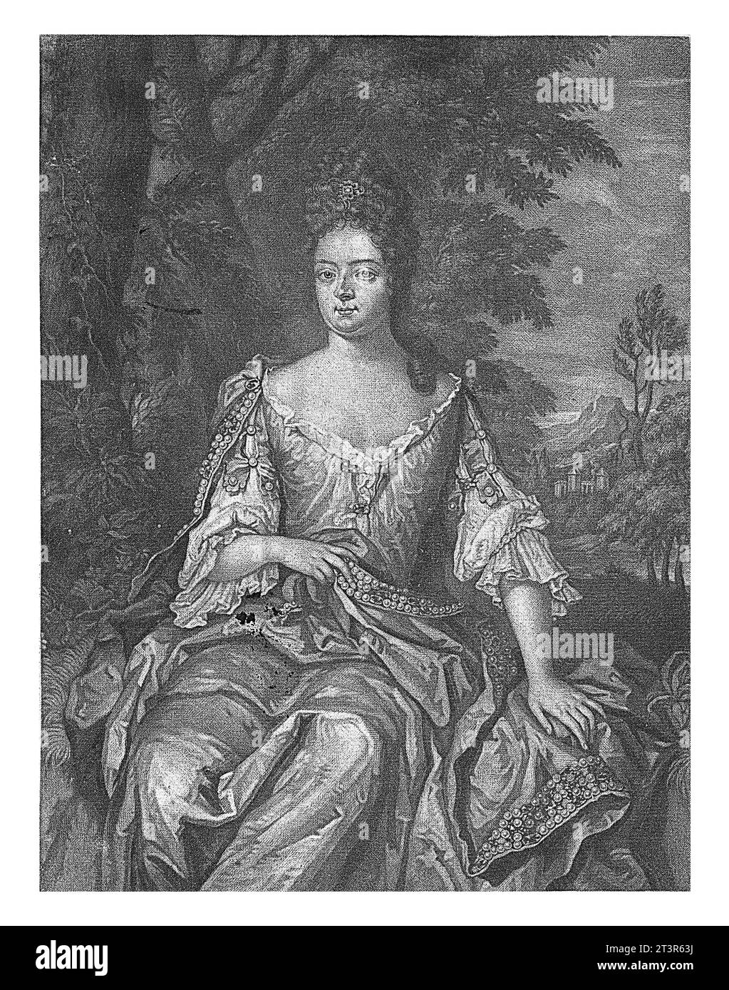 Portrait of Sophia Charlotte, Queen of Prussia, Pieter Schenk (I), 1698 - 1713 Sophia Charlotte of Hanover, Queen of Prussia. She sits in a landscape Stock Photo