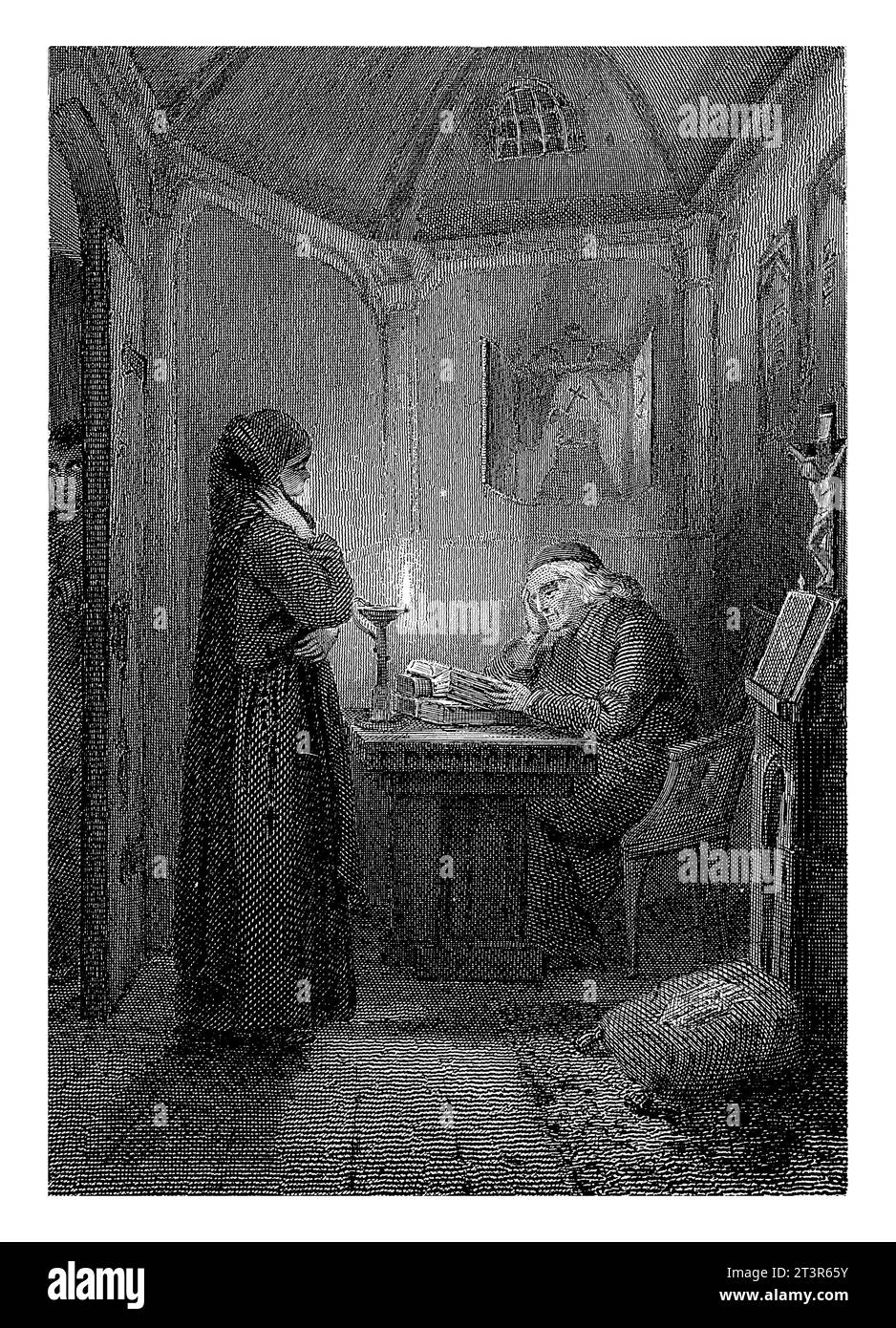 Cleric Reading by Candlelight, Willem Frederik Wehmeyer, after Charles Rochussen, 1842 - 1873 A clergyman sits at a table with books, possibly in a sa Stock Photo