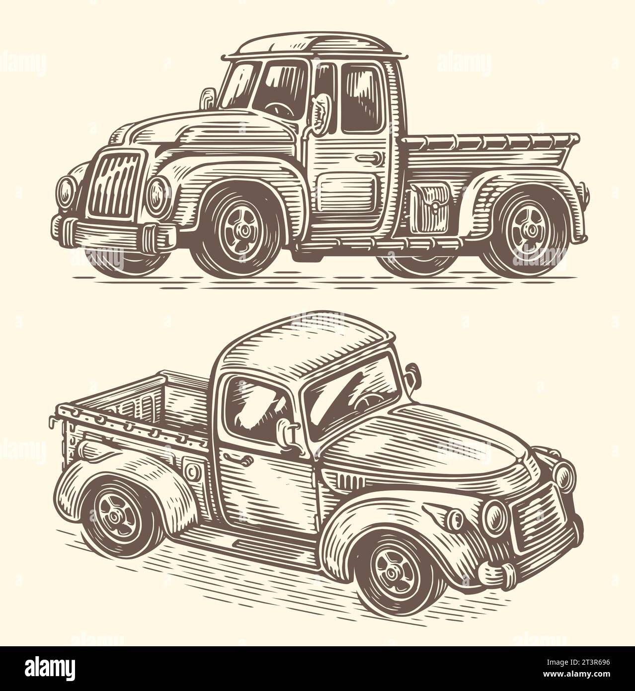 Vintage farmer pickup truck. Vector illustration. Retro transport vehicle sketch style Stock Vector