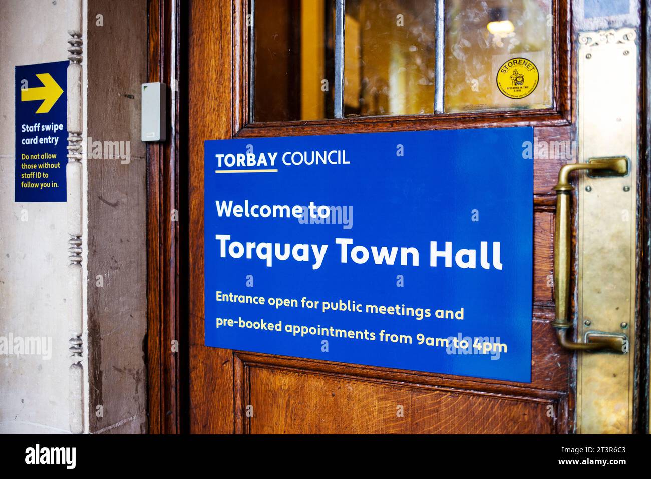 Torquay Town Hall sign at front entrance Stock Photo