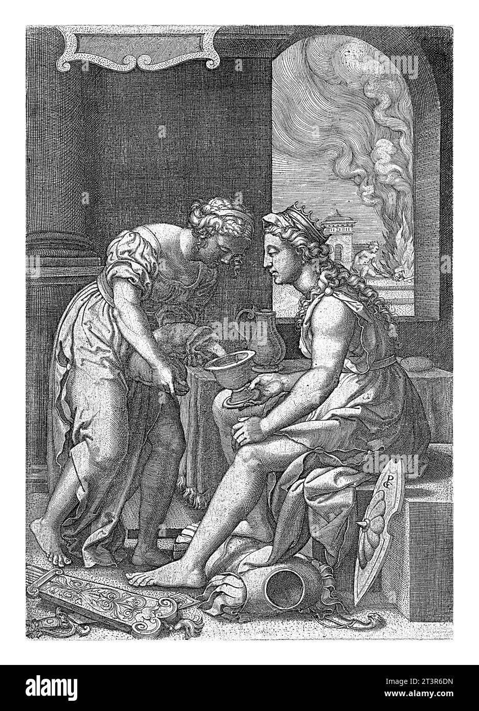 Artimesia drinks the ashes of her husband Mausolus, Georg Pencz, 1537 - 1541 Artemisia sits by the armor of her deceased husband and is served by a se Stock Photo
