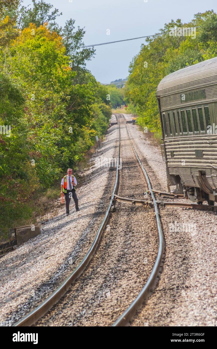 Austin Steam Train Association 3 Point Turn maneuver to move engine from back of train to front of train. Stock Photo