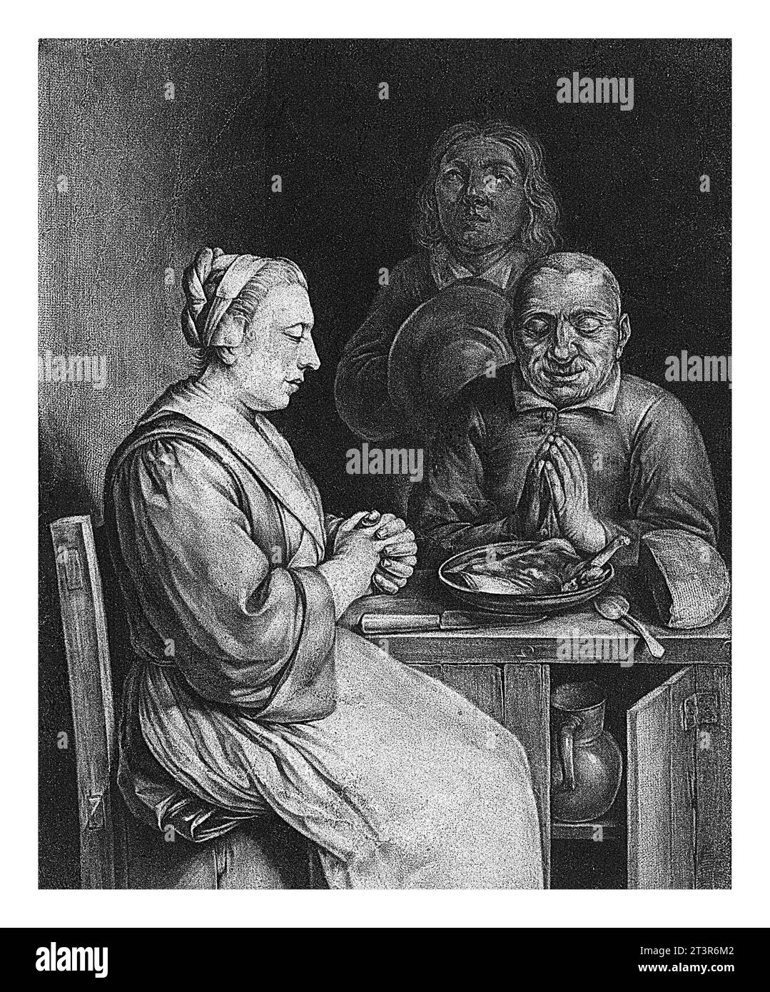 Prayer before the meal, Nicolaes van Haeften, 1673 - 1715 Two men and a woman in prayer before the meal. Meat and bread are on the table. Stock Photo