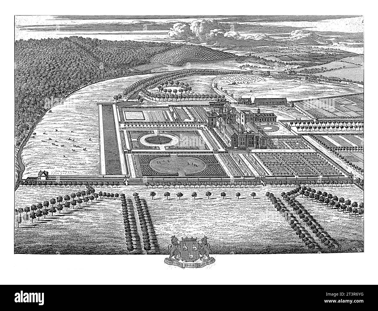 View of Hampton Court, Johannes Kip, after Leonard Knijff, 1709 Bird's eye view of 'Hampton Court' belonging to Lord Coningesby, baron of Clanbrazell. Stock Photo