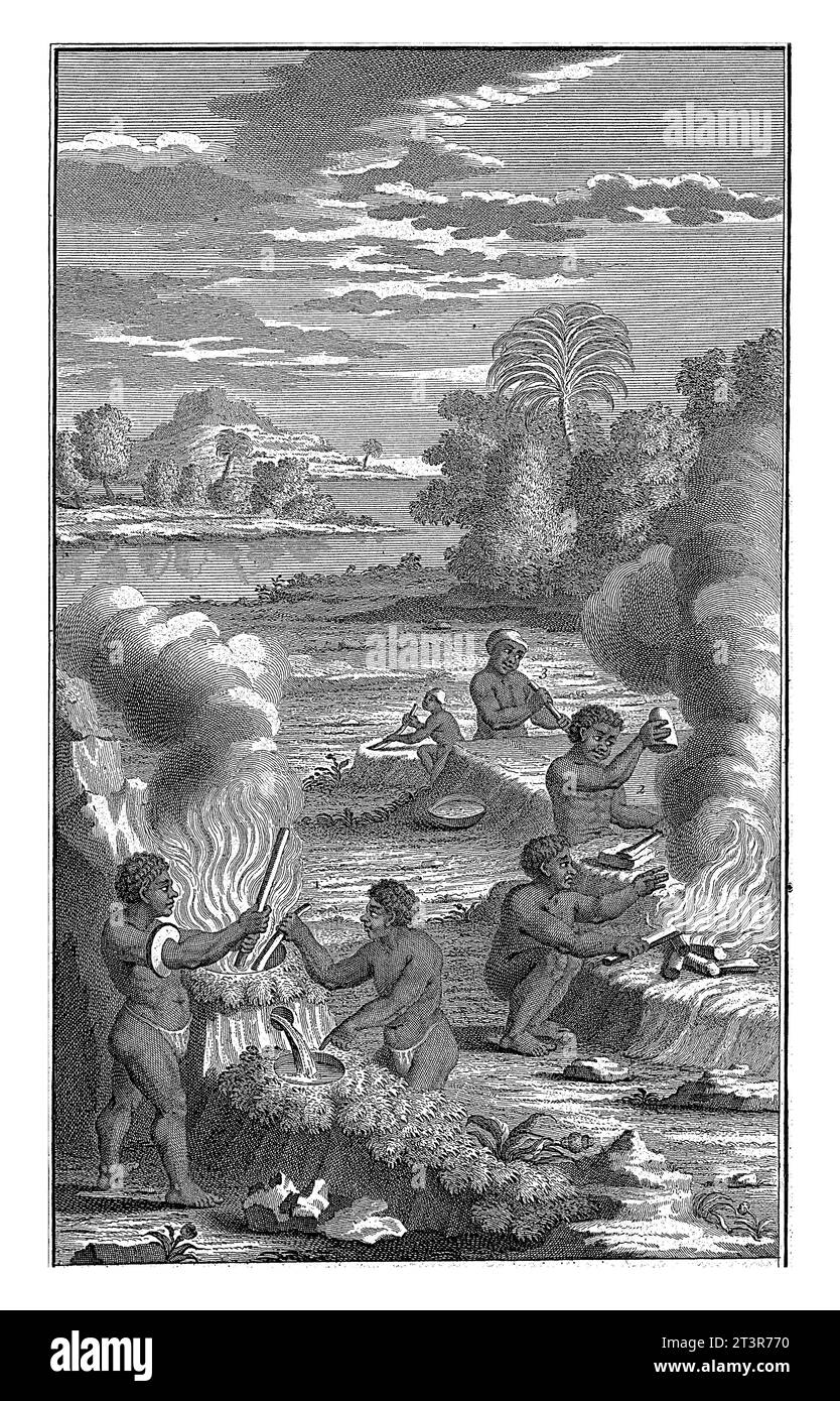 Khoi melting and working iron, Matthijs Pool, 1727 In the foreground two men who have dug a hole in the earth, and in it light fire, so that the iron Stock Photo