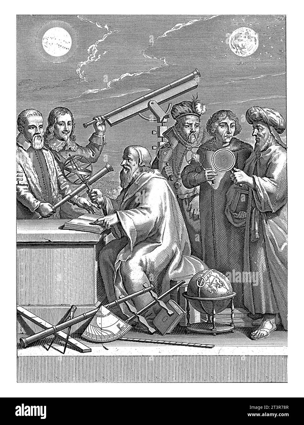 Six astronomers, Joseph Mulder, after Gerard Hoet (I), 1692 From left to right, the astronomers Galileo Galilei, Johannes Hevelius, Tycho Brahe, Nicol Stock Photo