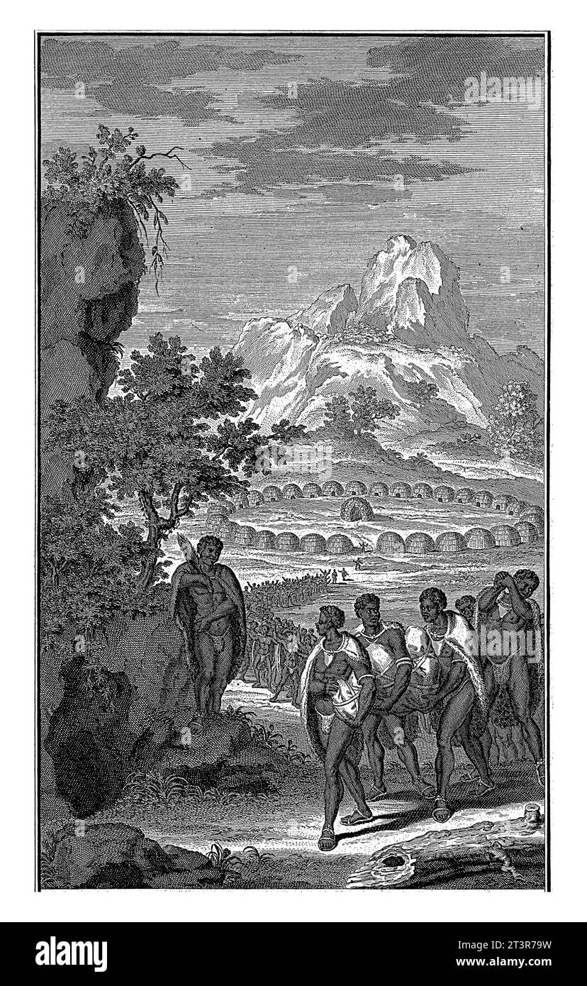 Burial of a Khoi, Jan Caspar Philips, 1727 Landscape with a Khoi carried to his grave in a den. The whole village walks in a procession behind the por Stock Photo