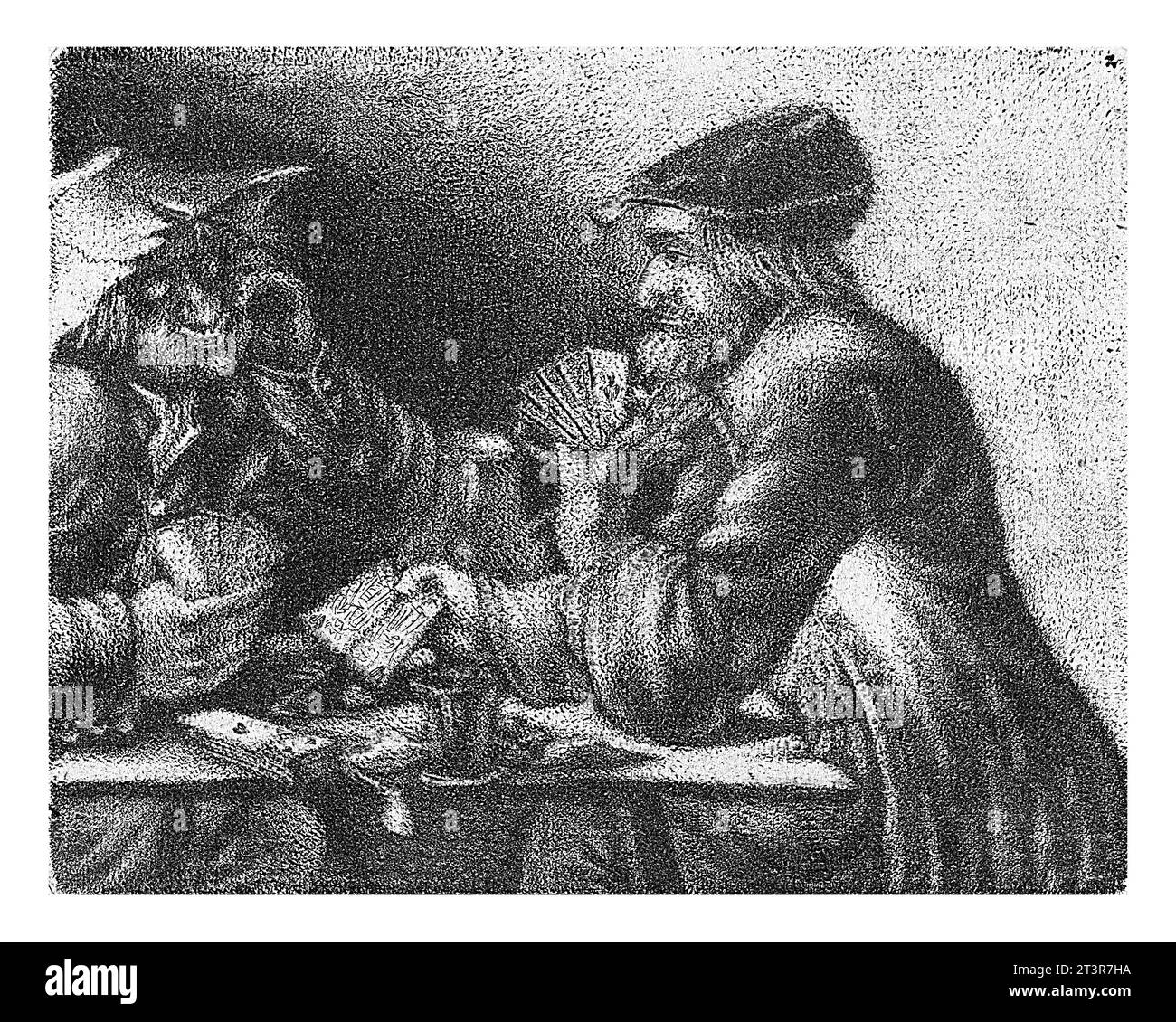 Men playing cards, Jacobus Harrewijn, 1690 The Face. Two men are playing a card game. The print is part of a series of five prints with the five sense Stock Photo