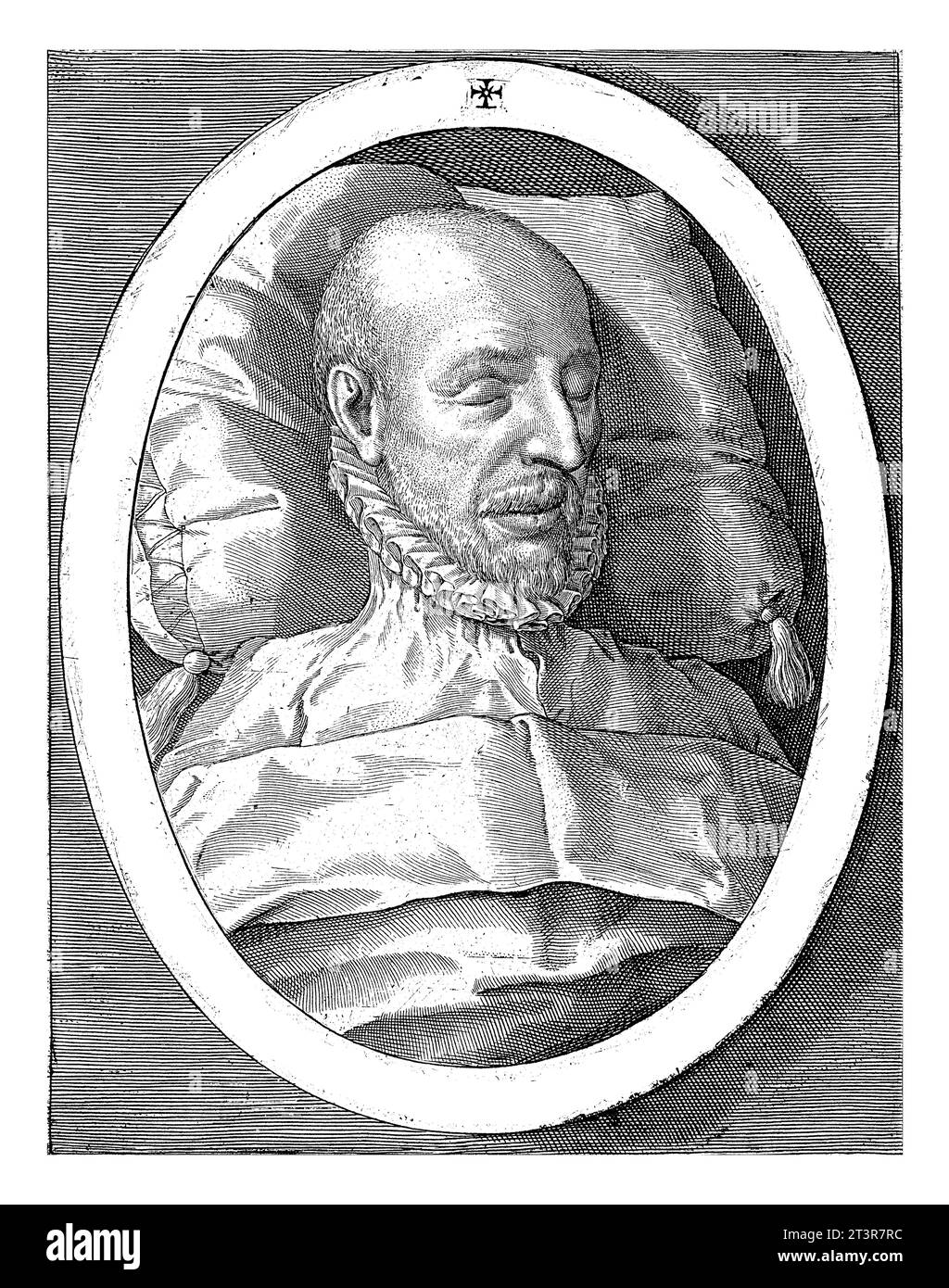 Portrait of Francois Hotman, Crispijn van de Passe (I), after Joos van Winghe, 1590 Portrait of the French jurist Francois Hotman lying in state, at t Stock Photo