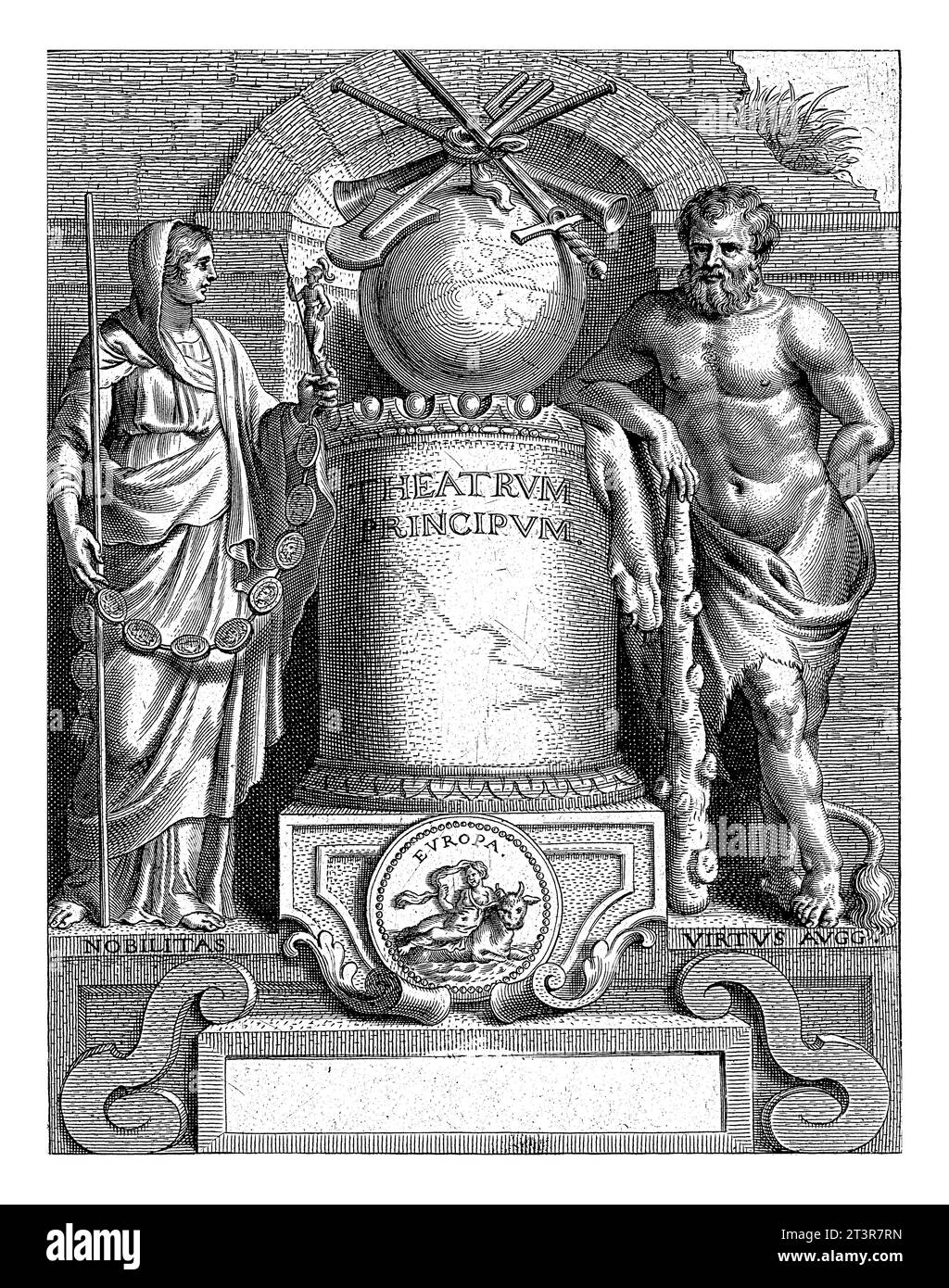 Title print with Hercules and personification of History, Pieter de Jode (II), after Erasmus Quellinus (II), 1651 Stock Photo