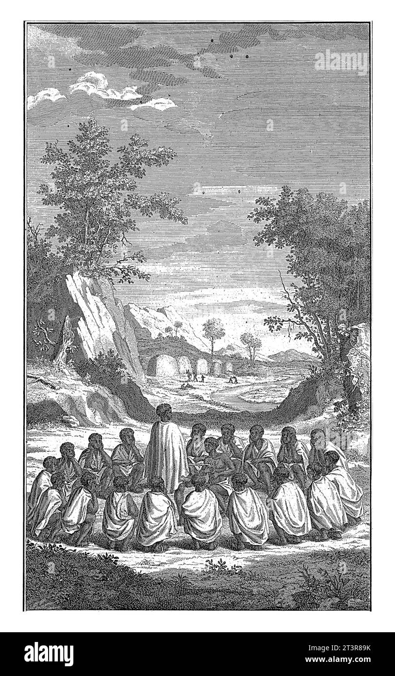 Marriage under Khoi, Jan Caspar Philips, 1726 Mountainous landscape with a group of Khoi in the foreground during a wedding ceremony. Stock Photo