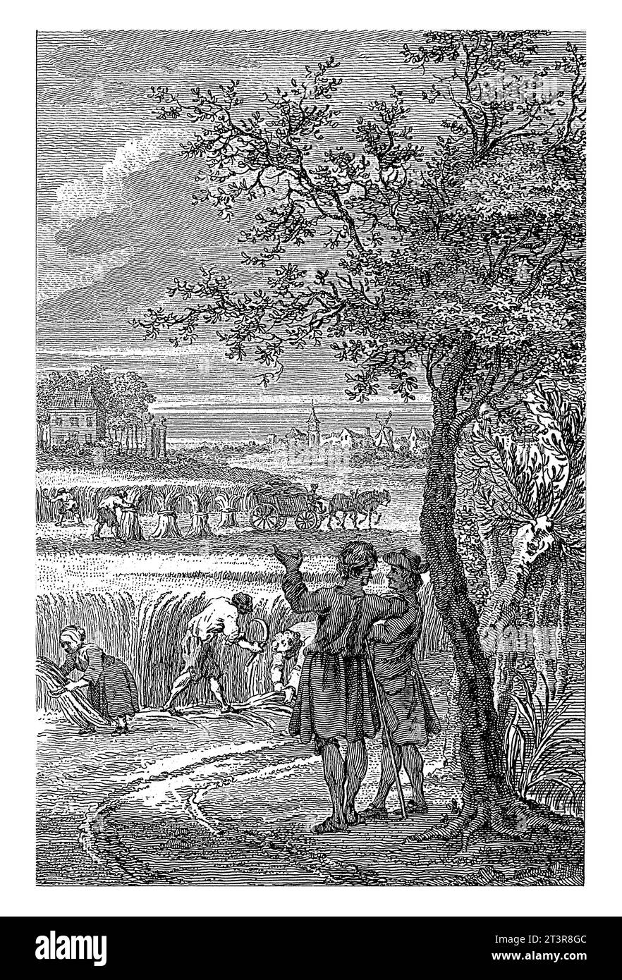 Two Men Look Out over a Landscape of Harvesting, Reinier Vinkeles (I), 1751 - 1816, vintage engraved. Stock Photo