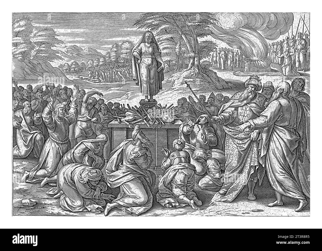 Elijah Competing with the Prophets of Baal, Jan Snellinck.The prophets of Baal, at Elijah's request, laid out a bull as a sacrifice to their god. They Stock Photo