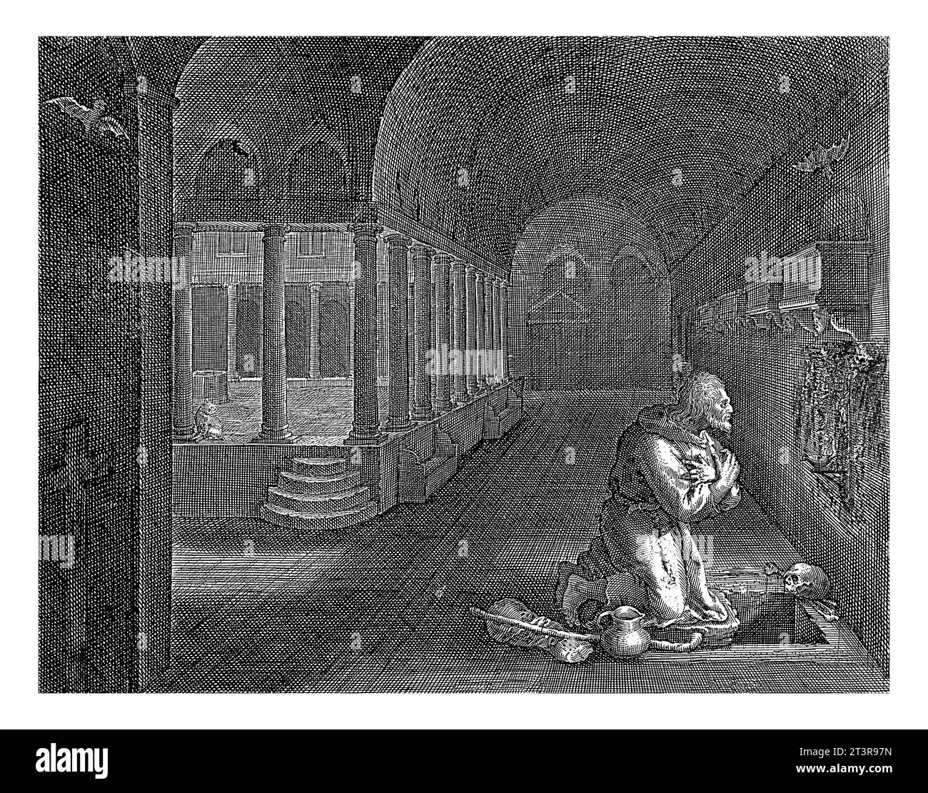 St. Paul as a hermit, Jan van Londerseel, after Maerten de Vos, St. Paul as a hermit is kneeling in front of a crucifix in a cloister. Next to him are Stock Photo