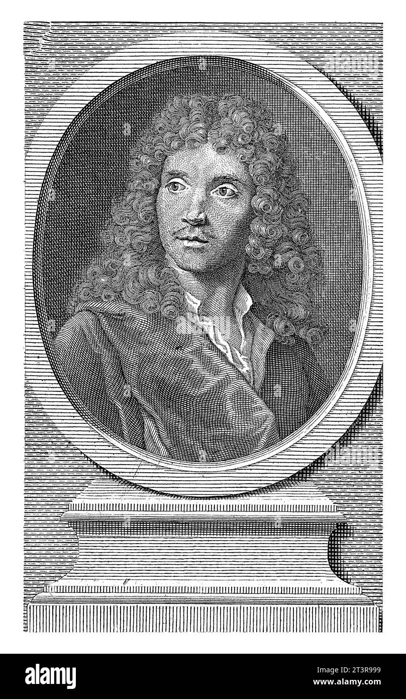 Portrait of Jean Baptiste Poquelin Moliere, Jan de Leeuw, after P. Mignard, 1670 - 1770 Portrait bust in oval to the right of Jean Baptiste Poquelin M Stock Photo