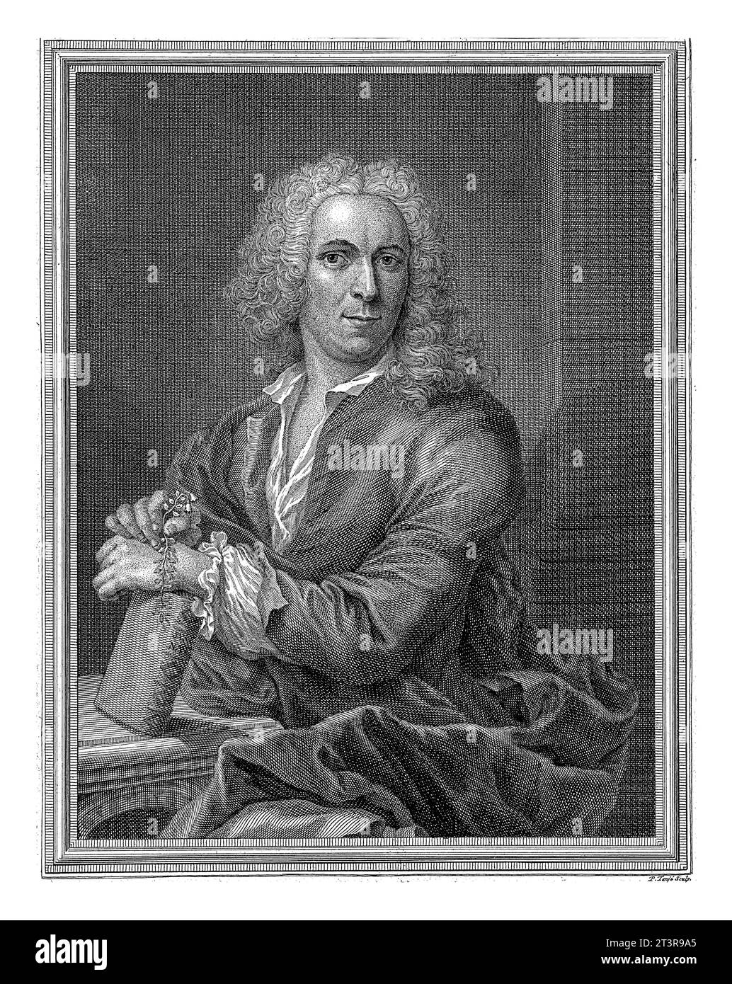 Portrait of Carolus Linaeus, Pieter Tanje, 1716 - 1761 Portrait of botanist Carolus Linaeus, his hands resting on his book Systema Naturae. Stock Photo