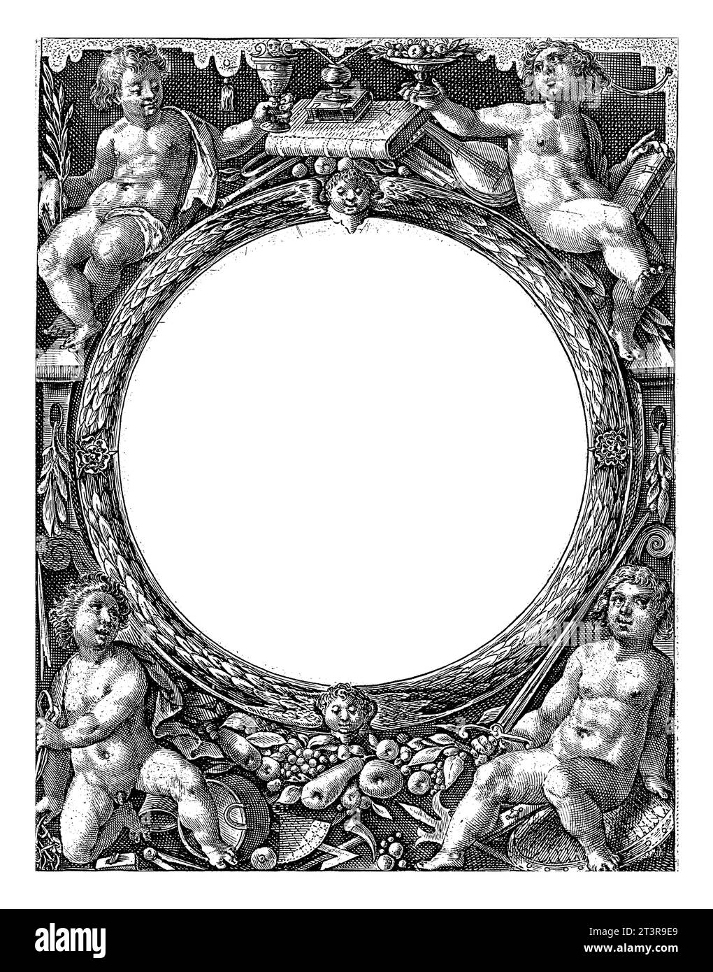Title print for a series with the twelve sibyls, Crispijn van de Passe (I), 1601 Medallion with the title and a dedication, in Latin. In the four corn Stock Photo