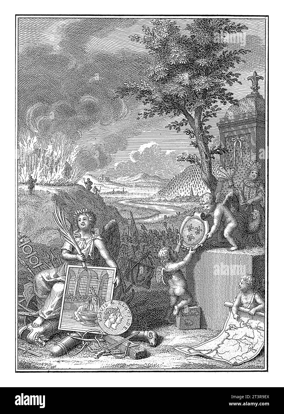 Allegory of the History of France, Jan Caspar Philips, 1771 Landscape with a Battle. In the foreground History with a painting in hand and a medallion Stock Photo