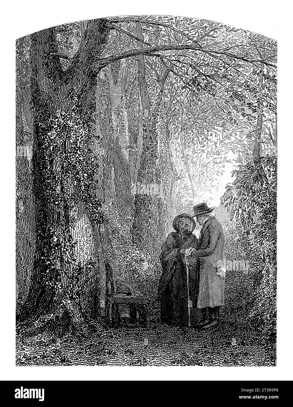 Elderly couple in a forest, Willem Frederik Wehmeyer, after Charles Rochussen, 1834 - 1854 In a forest stands an elderly couple with a stick. Stock Photo
