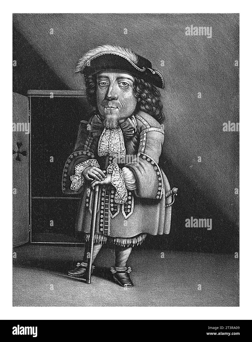 Portrait of Hans Worrenbergh, Pieter Schenk (I), 1670 - 1713 The Swiss dwarf Hans Worrenbergh at the age of 38. He leans on his cane. Stock Photo