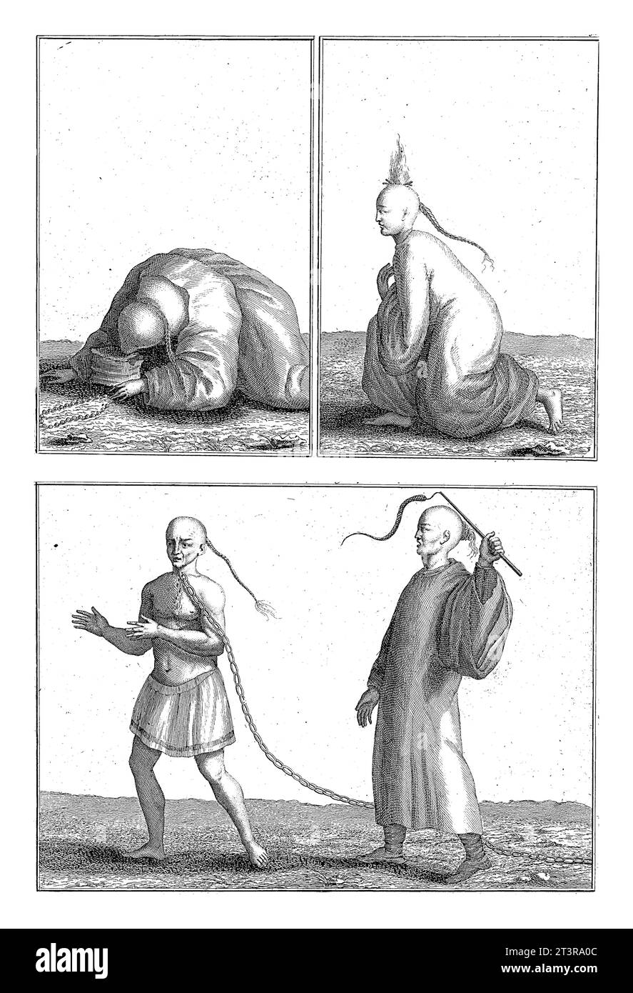 Chinese mendicant monks tormenting themselves, Bernard Picart (workshop of), 1728 Sheet with three representations of Chinese mendicant monks. Stock Photo