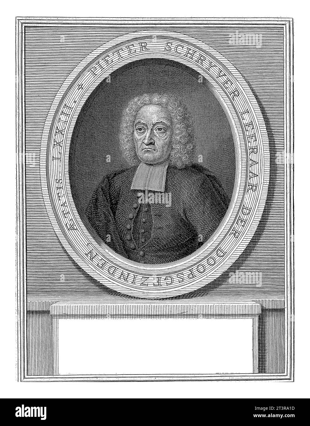 Portrait of Pieter Schrijver, Jacob Folkema, after Anna Folkema, 1739 Portrait bust in oval to the left of preacher Pieter Schrijver, bareheaded. Stock Photo
