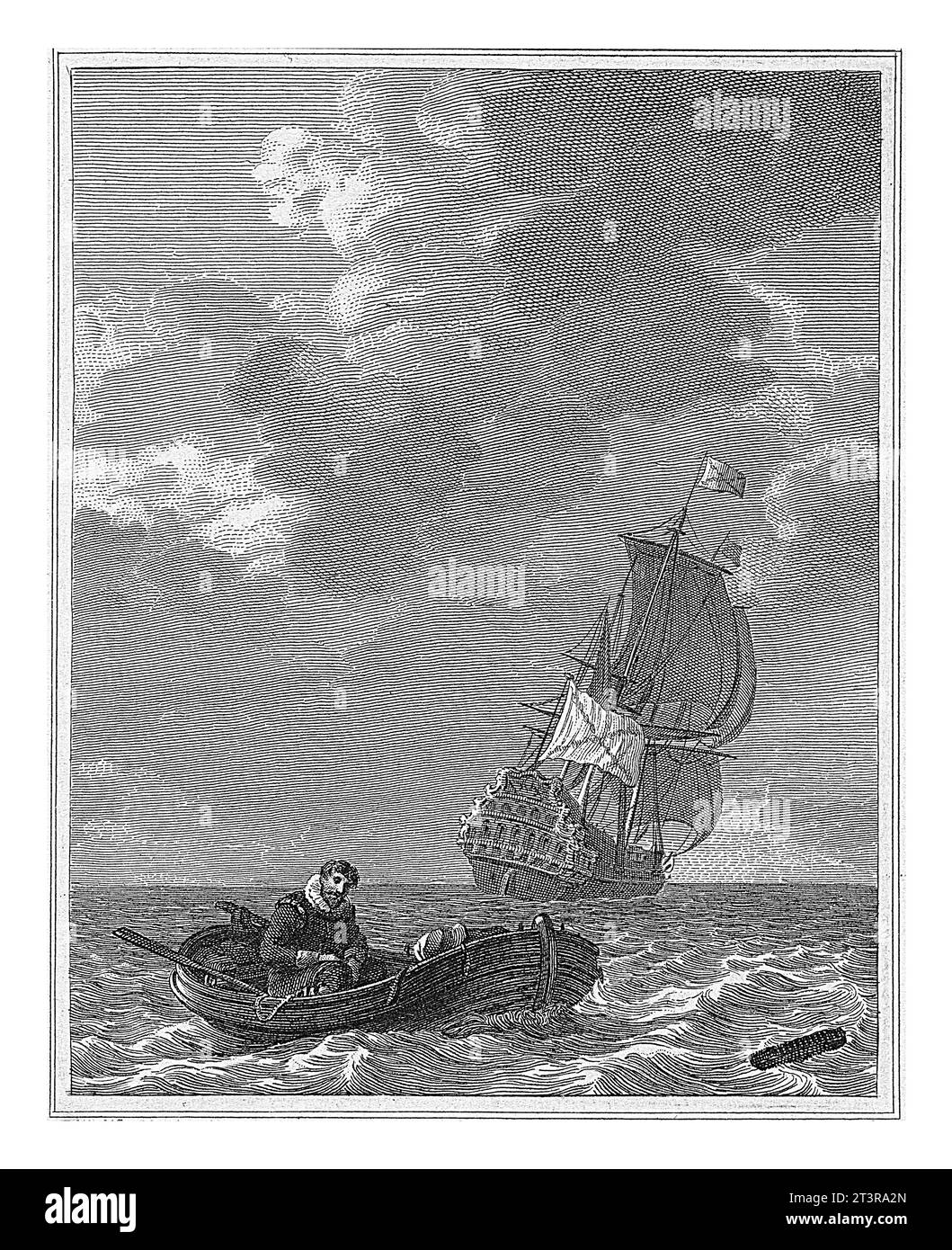 Man in a rowing boat with a sailing ship in the background, Philippus Velijn, after Johannes Hermanus Koekkoek, 1830 A man in a rowing boat on the ope Stock Photo