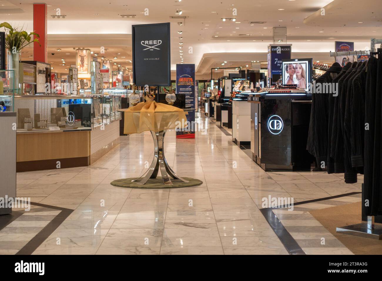 Interior aisles of Dillard's department store near the cosmetic & jewelry departments. Wichita, Kansas, USA. Stock Photo