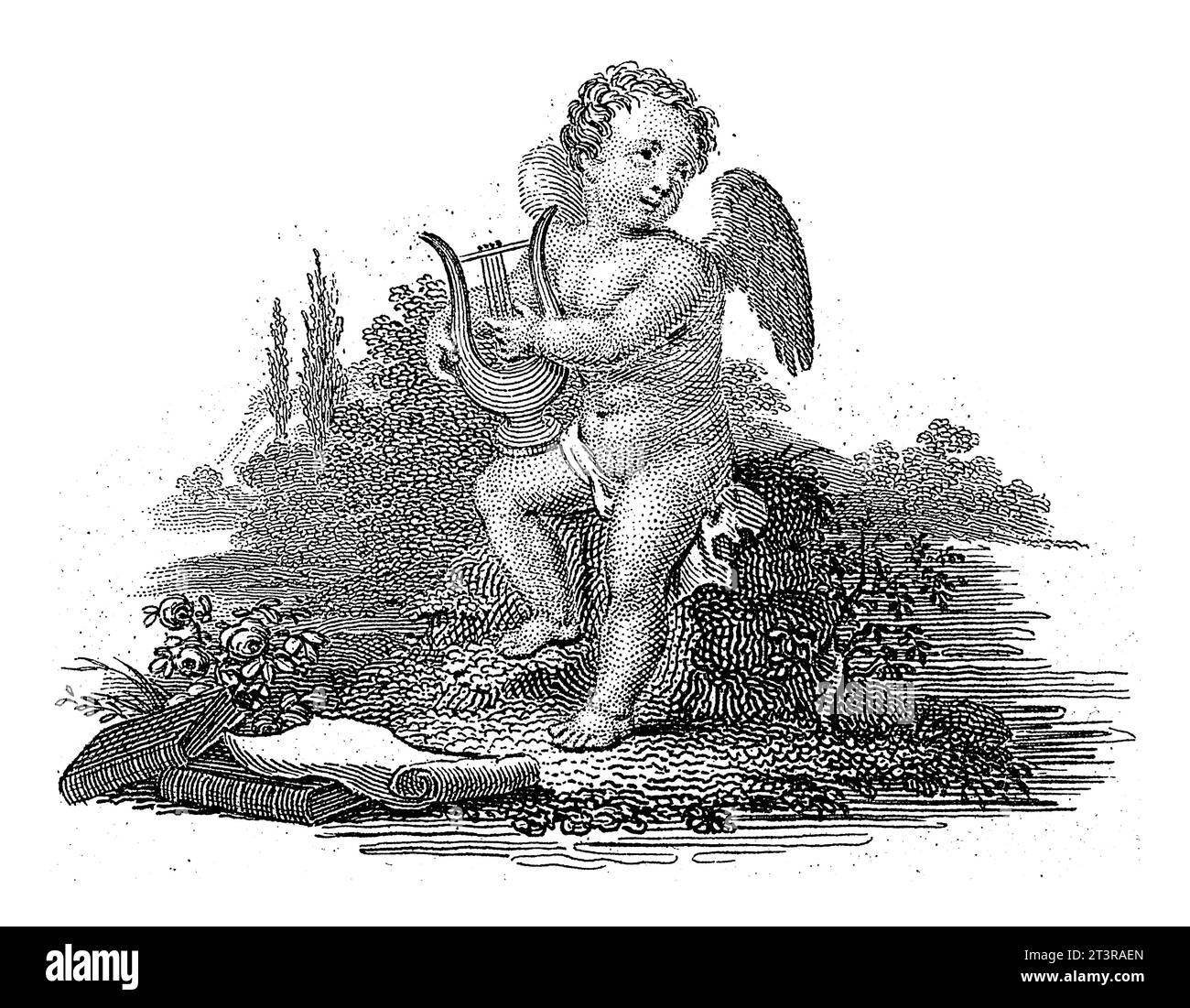 Angel playing a lyre in a landscape, Philippus Velijn, 1830 An angel playing a lyre in a landscape. Books and a roll of paper on the floor in front of Stock Photo
