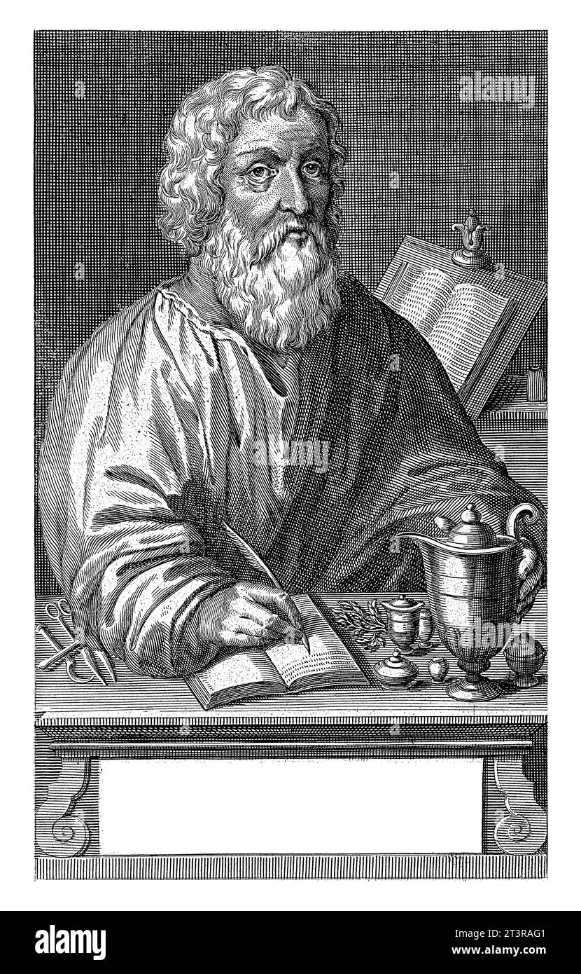 Portrait of Hippocrates of Kos, Pieter Philippe, 1635 - 1702 The Greek physician Hippocrates of Kos in his study, with a feather writing in a book. Stock Photo
