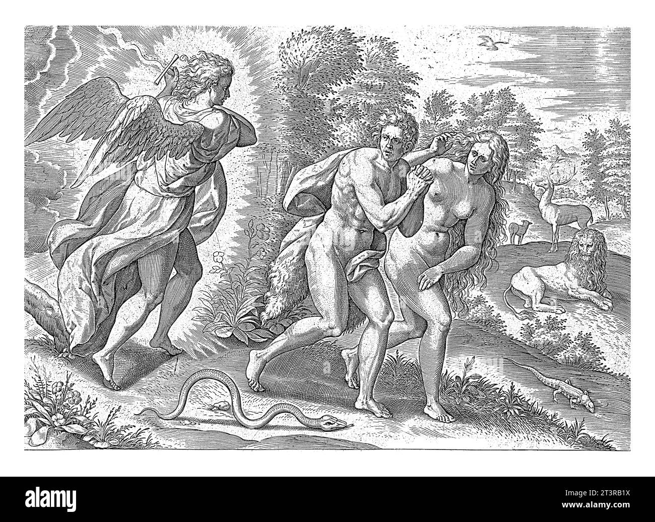 Expulsion from Paradise, Johann Sadeler (I), after Crispijn van de Passe (I), 1639 Adam and Eve cover their nakedness as they are driven from Paradise Stock Photo