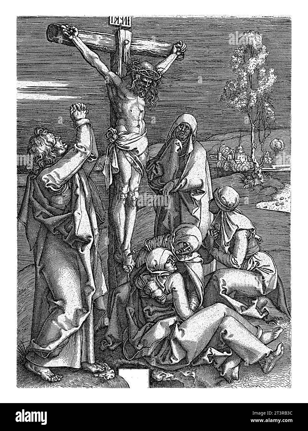 Crucifixion of Christ, Johannes Wierix, after Albrecht Durer, 1564 Christ hanging on the cross. Johannes raises his arms to heaven in despair. Stock Photo