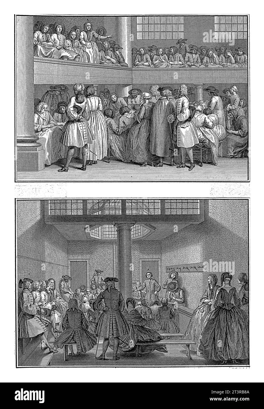 Quakers meetings in London and Amsterdam, Pieter Tanje, after Louis Fabritius Dubourg, 1736 Two images on one page. Above: A meeting of the Quakers in Stock Photo