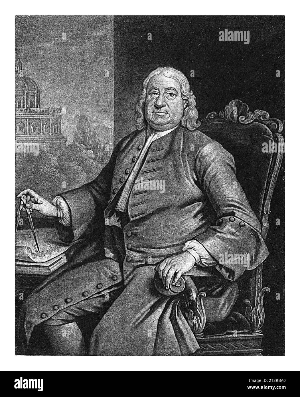 Portrait of Francis Smith, Alexander van Haecken, after William Winstanley, 1735 - 1757 The architect Francis Smith, sitting in a chair. His hand rest Stock Photo