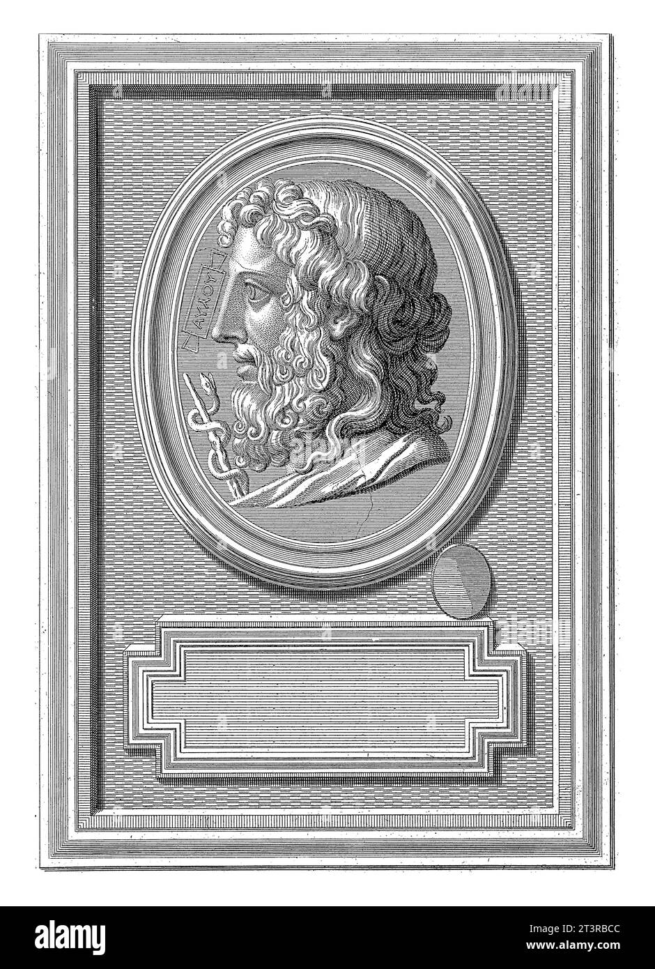 Carved stone with the effigy of Aesculapius, Bernard Picart, 1722 The portrait of Aesculapius and profile. Reproduction of a Greek carved gemstone. Stock Photo