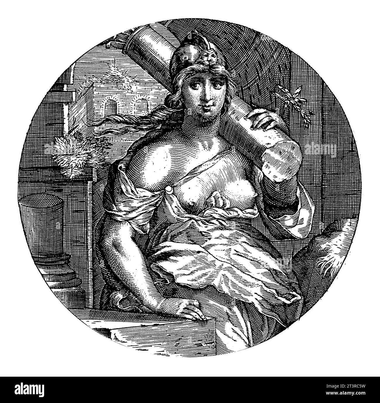 Strength, Crispijn van de Passe (I), 1600 The female personification of Strength (Fortitudo), one of the four cardinal virtues, with a helmet. Stock Photo