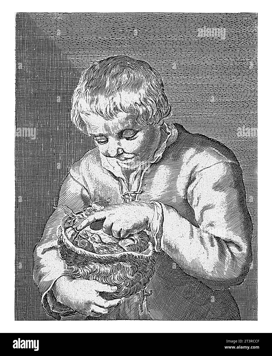 Boy with a bird's nest, Cornelis Bloemaert (II), after Hendrick Bloemaert, 1625 - 1675 A boy bends over his hat in which a bird has built its nest. Stock Photo