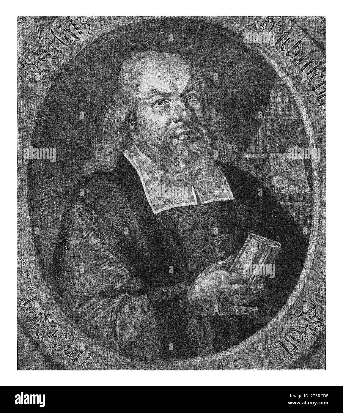 Portrait of David Scharfius, Pieter van den Berge, after David Hille, 1690 Portrait of the German pastor David Scharfius, holding a book. Stock Photo
