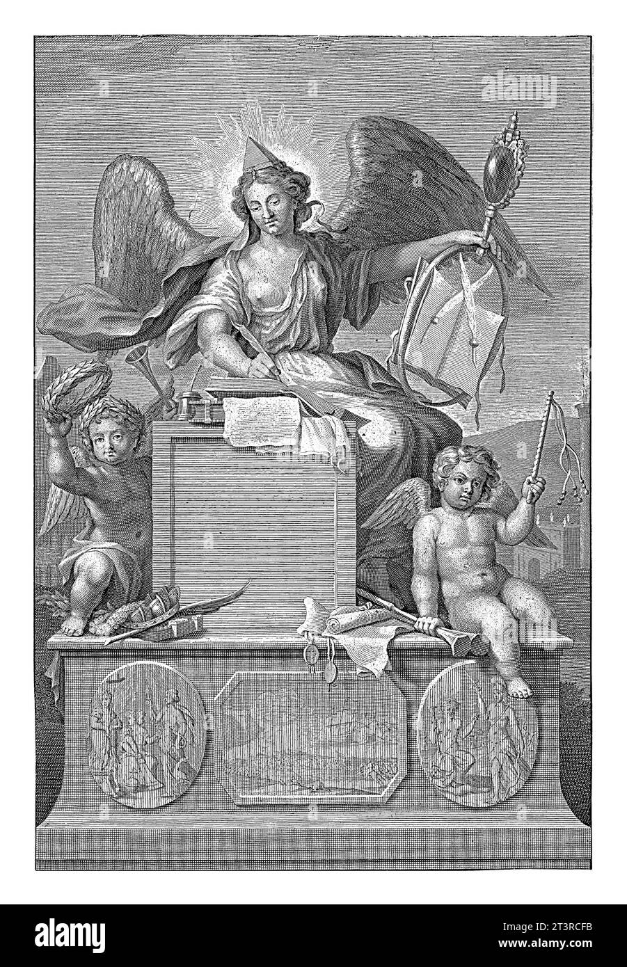 Allegorical representation with History and putti, Abraham Bloteling, after Willem Schellinks, 1730 Winged personification of History with ring of ete Stock Photo