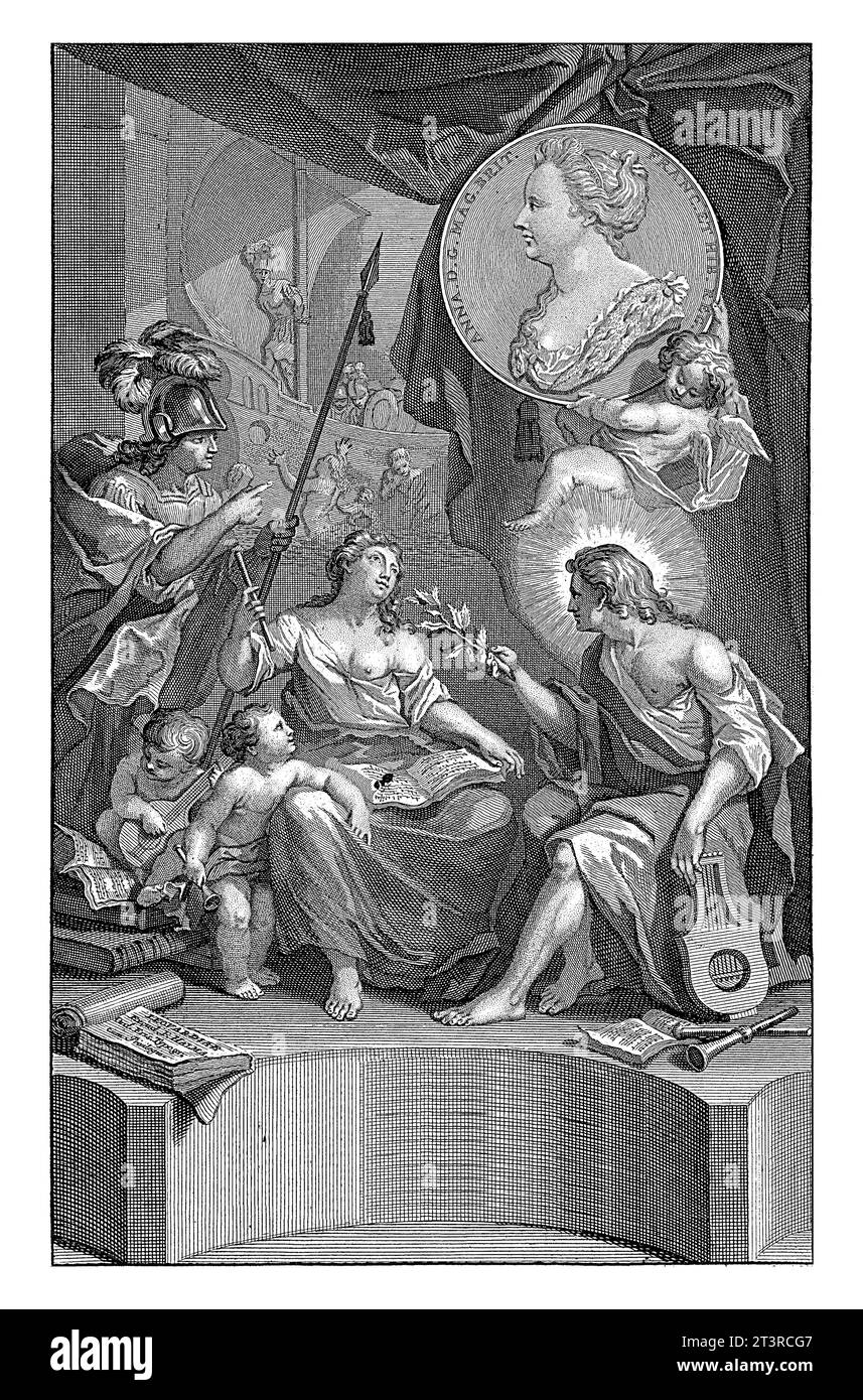 Allegorical title page with the personification of Music, Matthijs Pool, after Arnold Houbraken, 1710 On an elevation sits the personification of Musi Stock Photo