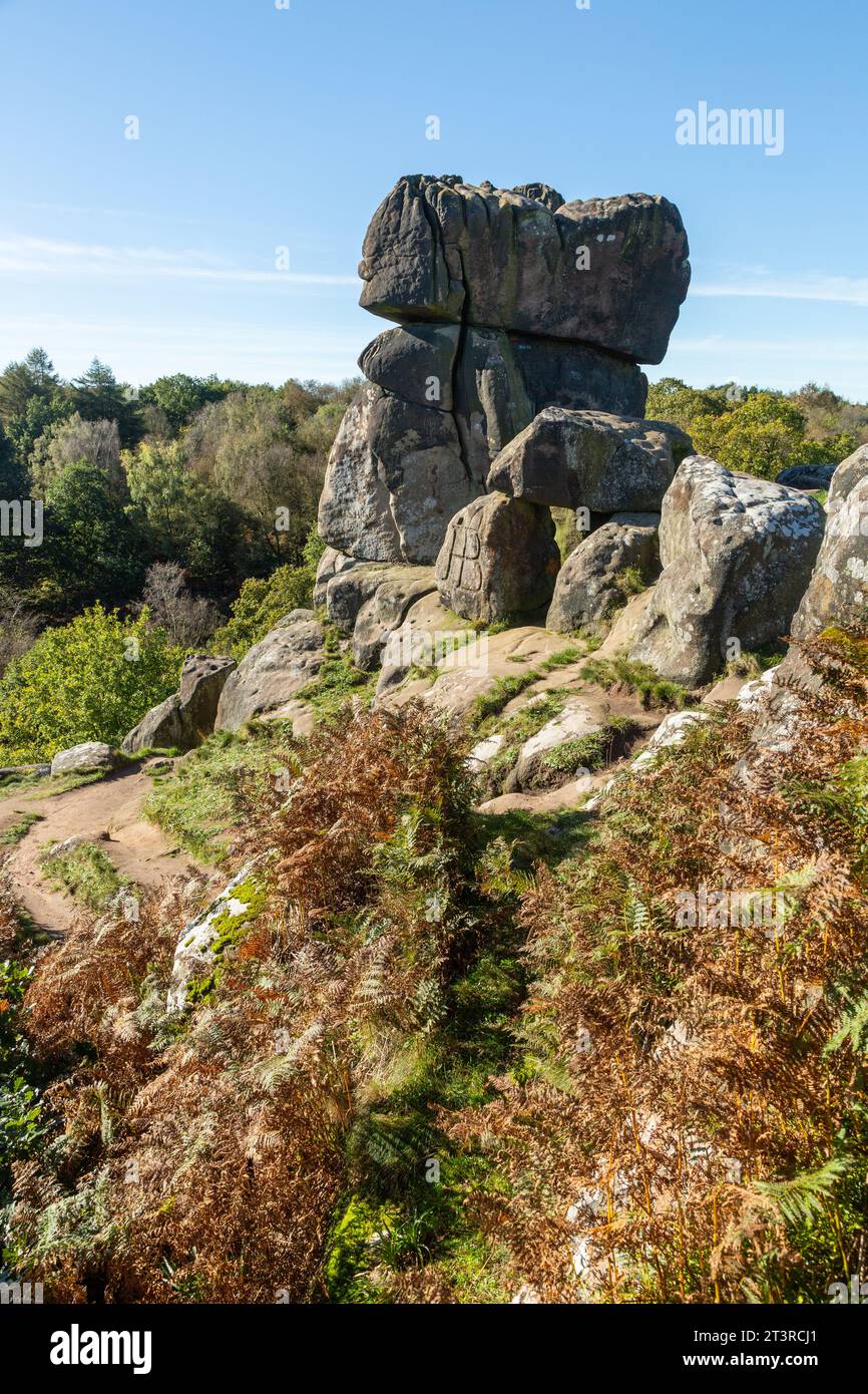 Robin Hood's Stride (also known as Mock Beggar's Mansion) is a rock formation on the Limestone Way in Derbyshire close to the village of Elton Stock Photo