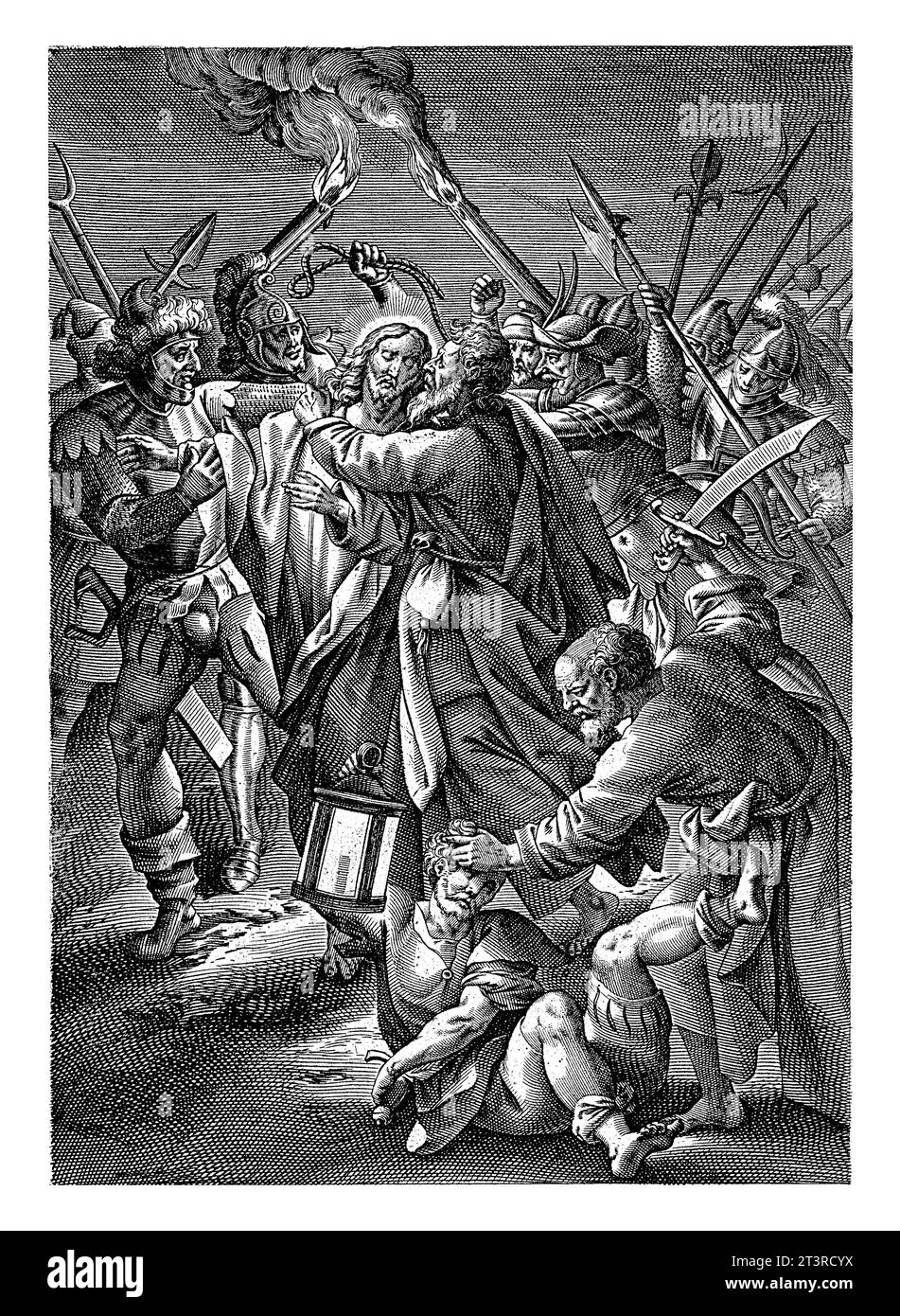 Judas Kiss and Arrest of Christ, Antonie Wierix (II), after Maerten de Vos, 1583 - 1587 Judas kisses Christ on the cheek. The soldiers surround and ar Stock Photo