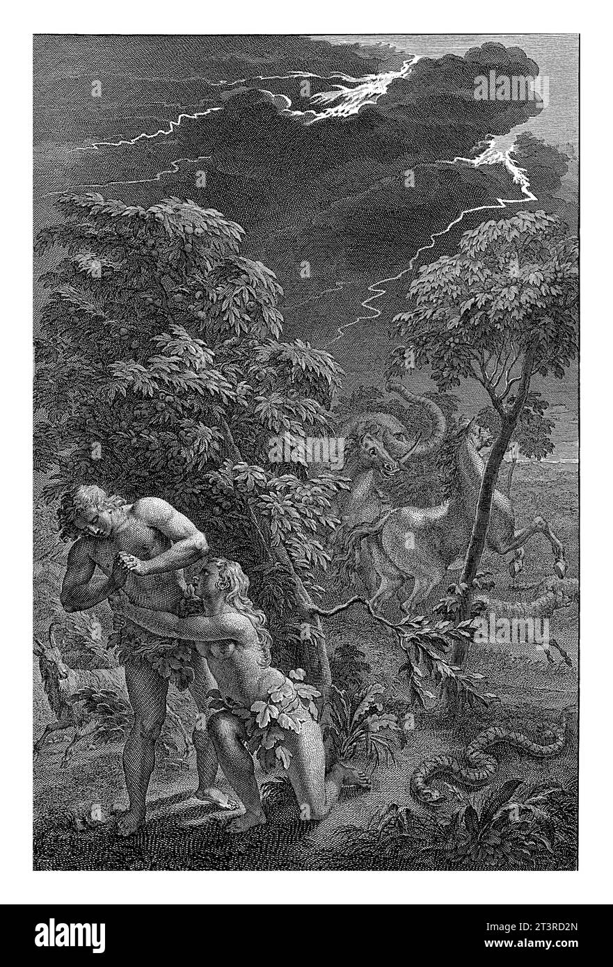 God calls Adam and Eve to account, Jan van Vianen, after Gerard Hoet, 1720 - 1728 God calls Adam and Eve to account in Paradise, after they have eaten Stock Photo