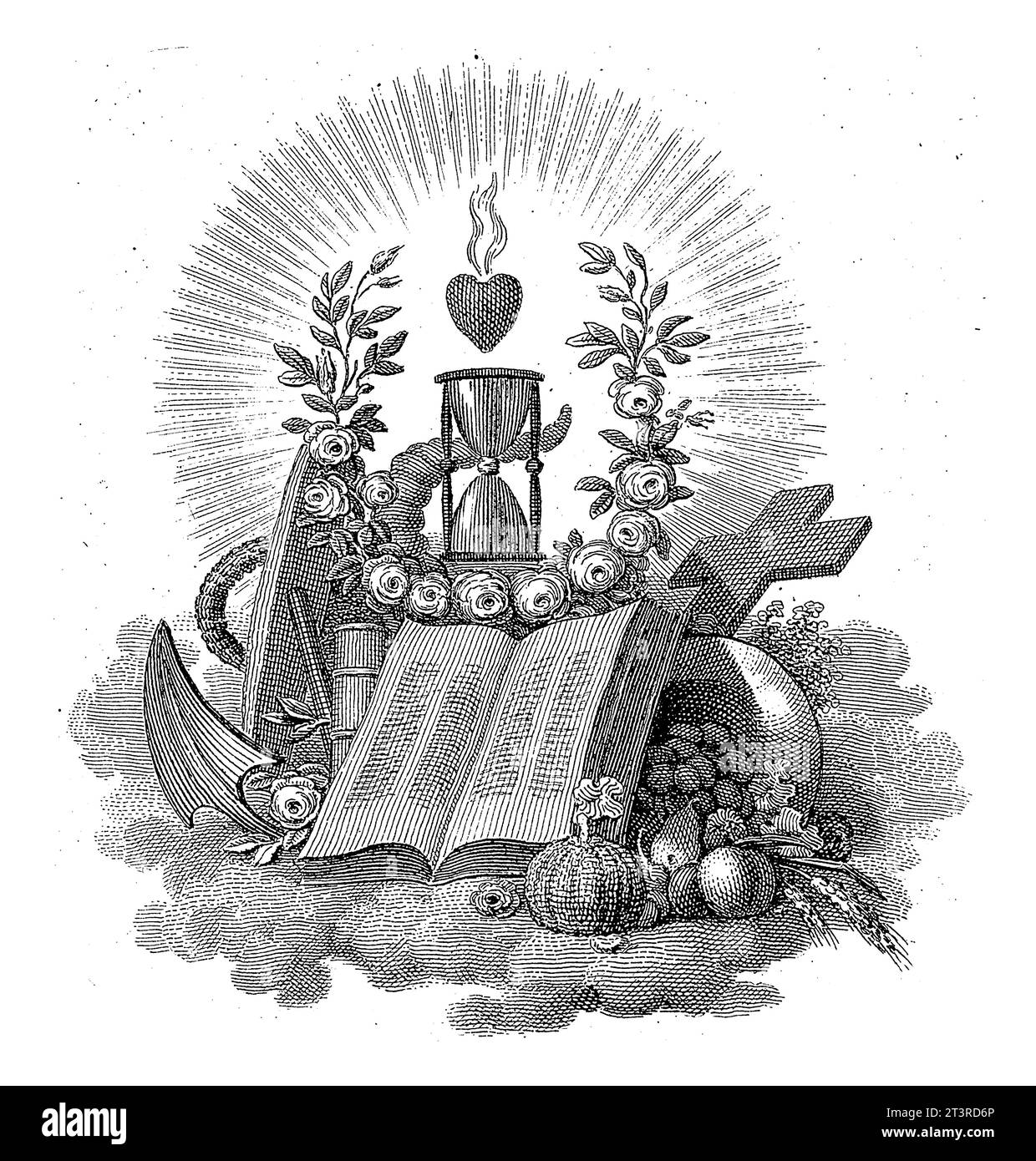 Title page for: Hours devoted to the highest interests of life: for young Christians, 1825, Philippus Velijn, after Jacob Smies, 1825 An open Bible. Stock Photo