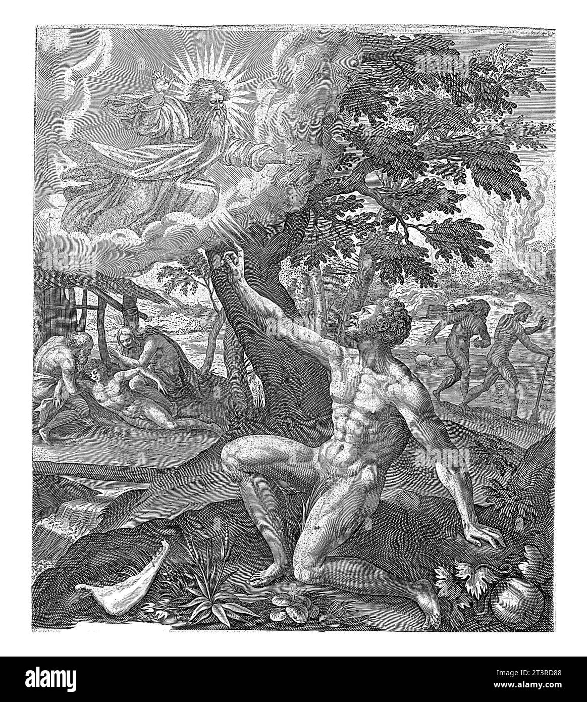 God curses Cain, Raphael Sadeler (I), after Maerten de Vos, 1583 God appears to Cain and curses him for killing his brother. Next to Cain lies the jaw Stock Photo